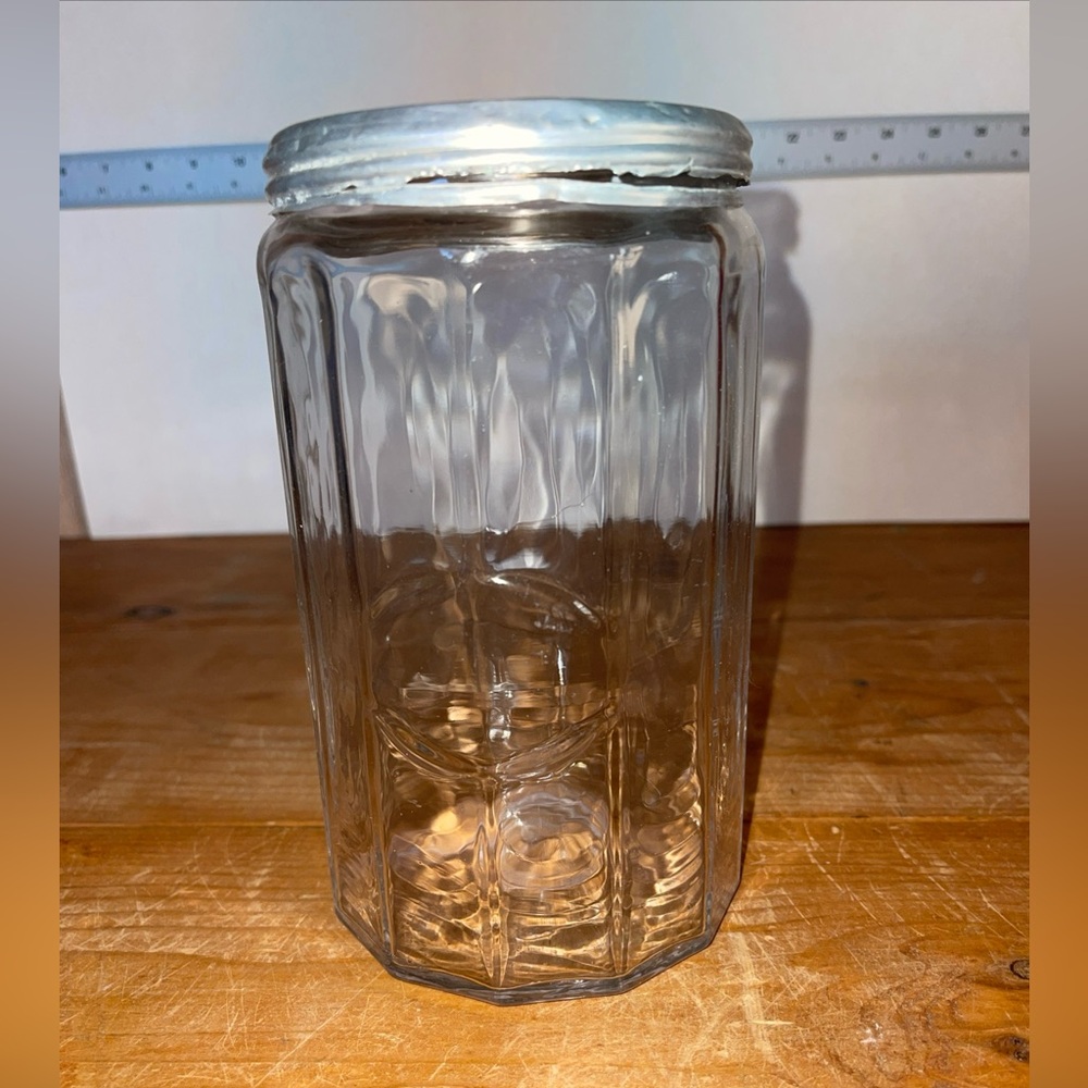 Hoosier Clear Glass Tea Jar Canister Aluminum Lid Raised letters Ribbed